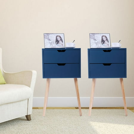 Jaxpety Set of 2 Nightstand Bedside Table Sofa End Table Bedroom Decor 2 Drawers Storage, Blue