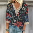 thumbnail image 2 of BangWanChi 3/4 Length Sleeve Womens Tops Plus Size Tunic Fashion Women's Summer V-Neck 3/4 Sleeve Lace Splicing Print Casual T-Shirt Blouse, 2 of 5