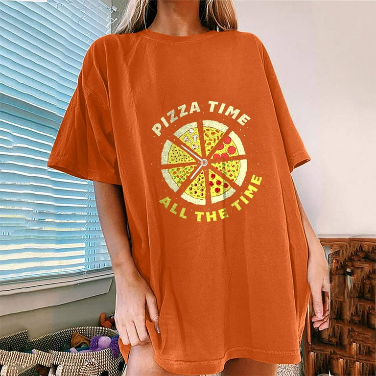 RQYYD Reduced Women Oversized Funny Pizza Graphic Print T-Shirt Crewneck  Short Sleeve Tee Blouse Casual Drop Shoulder Shirt Top 90s Girls(2#Orange,L)