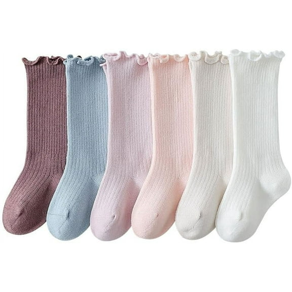 Baby Girls Boys Knee High Socks Newborn Infants Toddlers Cotton Stockings with Ruffle 6 Pairs
