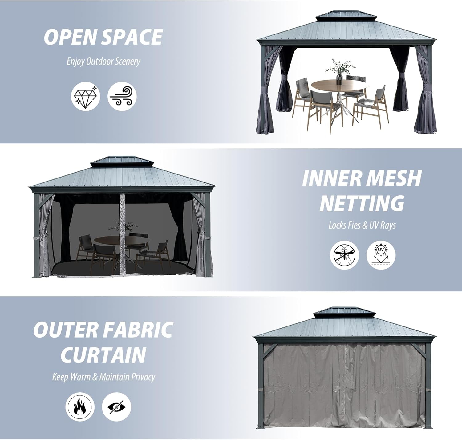 Domi Outdoor Living 10x12 ft Metal Frame Gazebo with Wood-Grain Resin Double Roof, Outdoor Pavilion with Curtains & Netting for Patio & Garden, Dark Gray