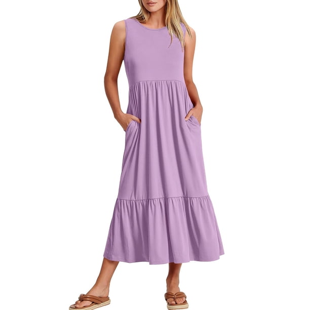 ICHUANYI Clearance Women's Fashion Round-Neck Sleeveless Solid Pockets Patchwork Pullover Dress(Purple, L) ICHUANYI WER2023080711374