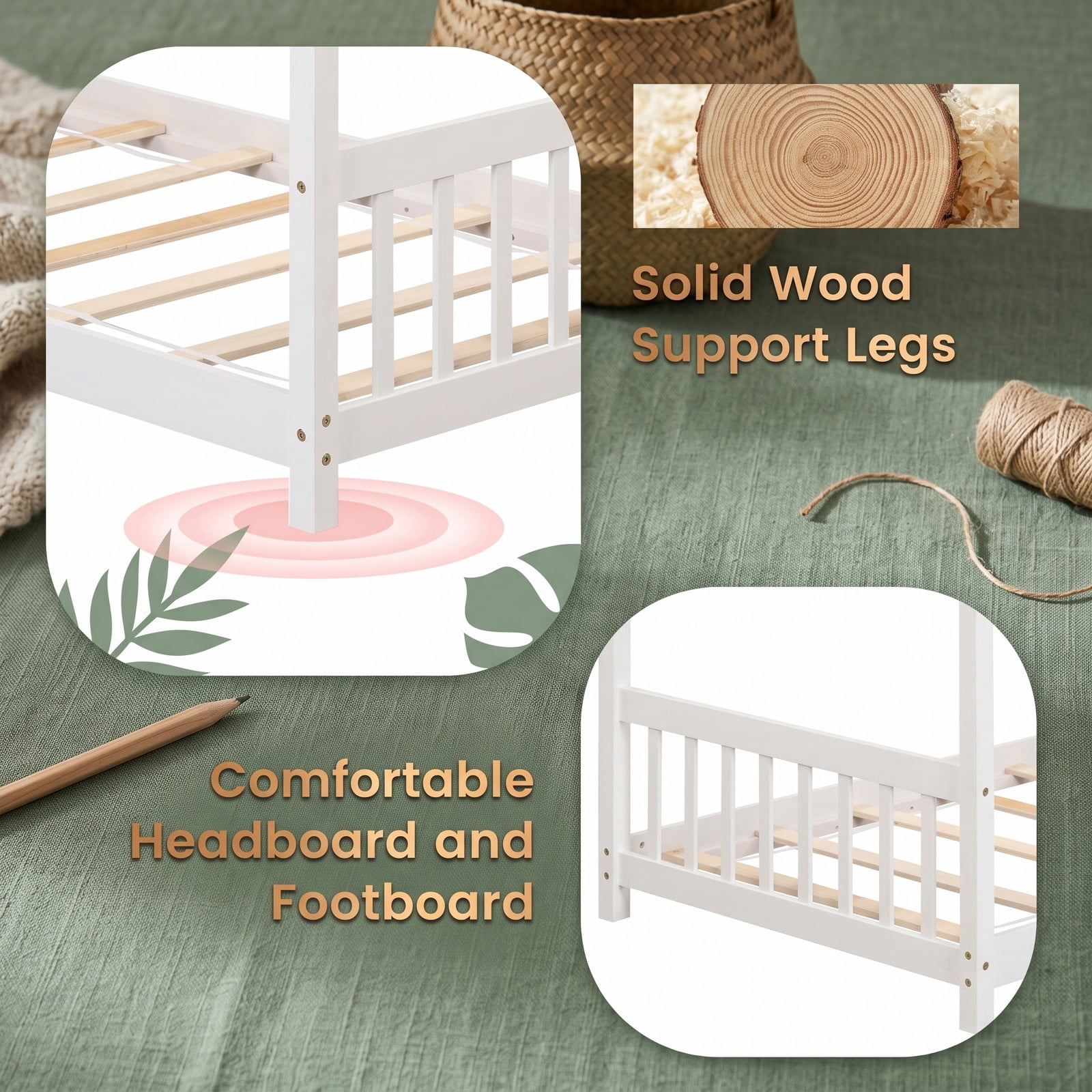 Furnibear Twin Size Wooden House Bed Frame with Roof and Half Rails for a Kids Boys and Girls Toddler Montessori Bedroom, White
