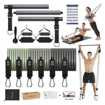 Lsports Portable Pilates Bar Kit with Resistance Bands for Women & Men, Upgraded 3 Section Pilates Bar for Home Gym Exercise Fitness Equipment Supports Full-Body Workouts