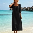 thumbnail image 6 of Ohufall Cotton Linen Dress for Women Bow Square Neck Maxi Dress 3/4 Sleeve Loose Solid Color Dresses, 6 of 8