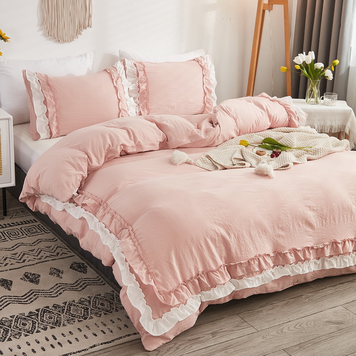 100% Washed Cotton Pink and White Ruffled Duvet Cover Set Twin Size with Zipper Closure & Corner Ties