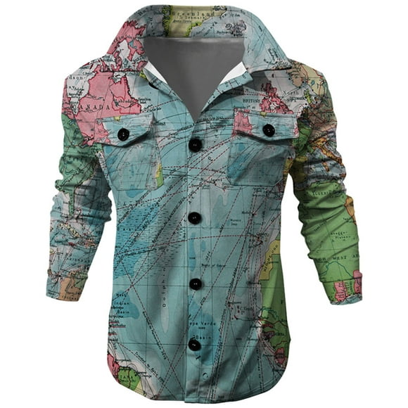 Men's Jackets World Map Print Cardigan Outwear Button Down Long Sleeve with Flap Pockets 2023 Spring Clothing