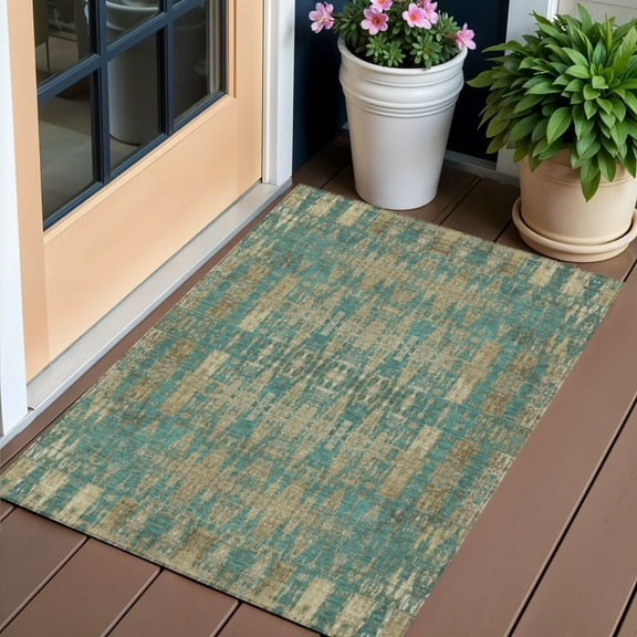 3' X 5' Teal Blue Taupe And Beige Moroccan Washable Indoor Outdoor Area Rug