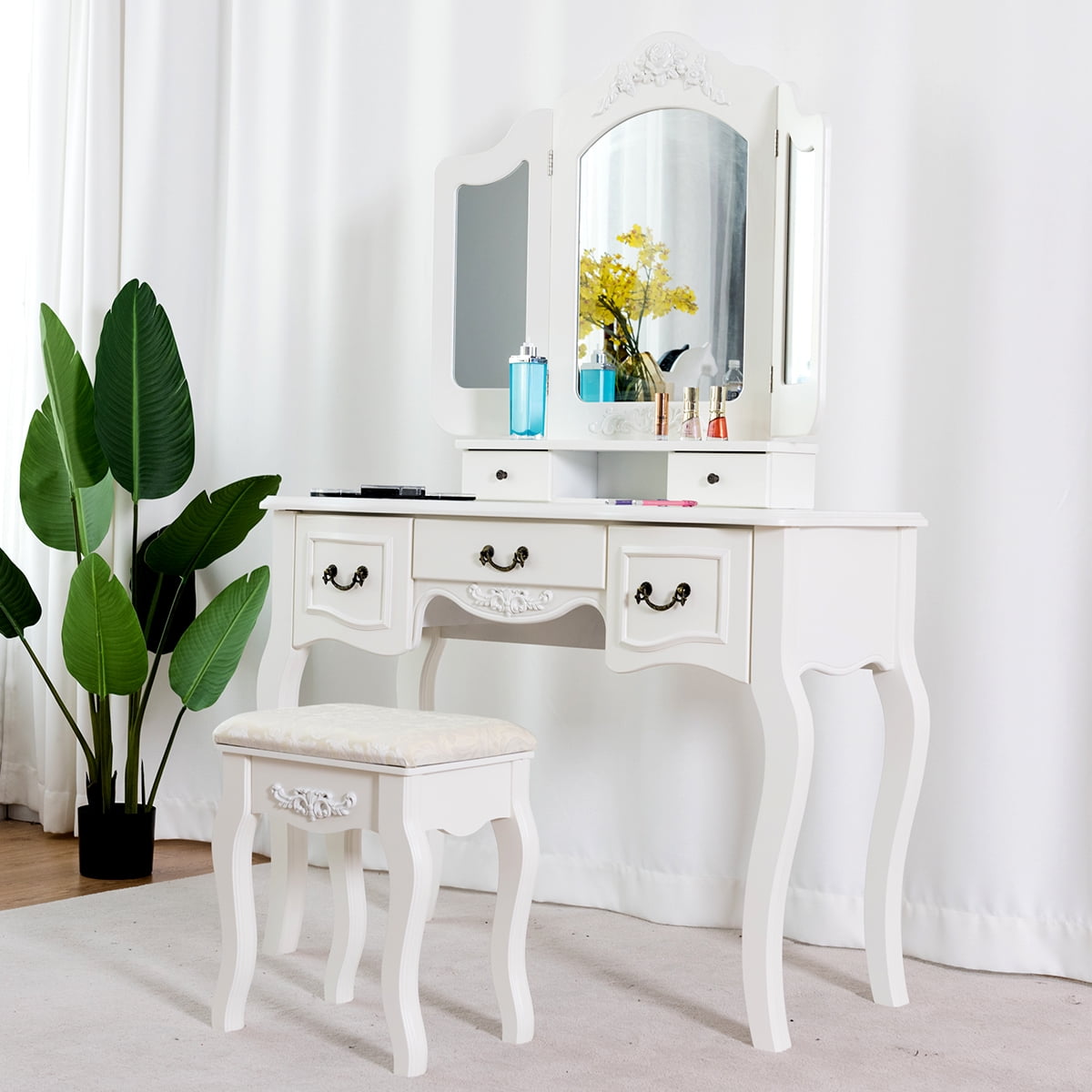 5 Drawers Old Fashioned Vanity Mirror Makeup Dressing Table Set White Walmart Com Walmart Com