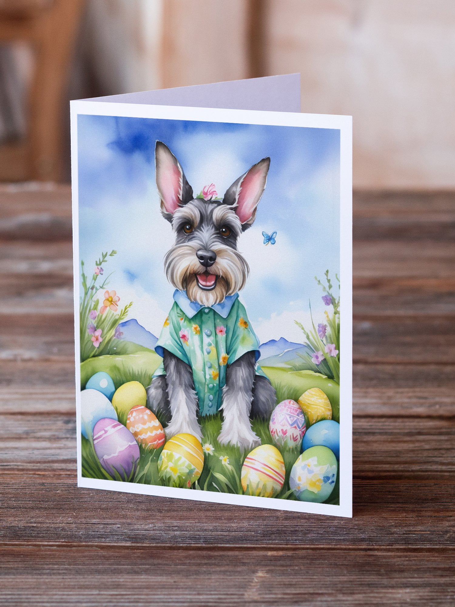 Schnauzer Easter Egg Hunt Greeting Cards Pack of 8 7 in x 5 in