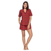 Ashford & Brooks Women's Woven Short Sleeve Pajama Shorts Set, Red/Black Stewart, S