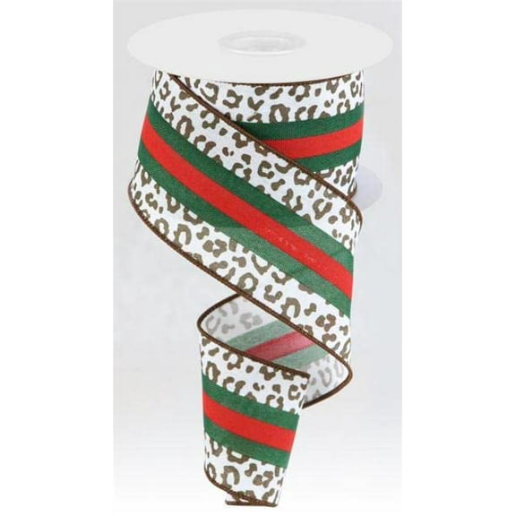 Leopard/Center Stripes/Faux Royal Red White Green Wired Ribbon 2.5" X 10Yard (30 Feet)