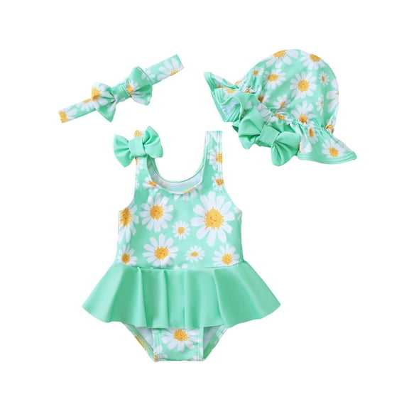 KIMI BEAR Newborn Baby Girls One-piece Swimsuits 0-3 Months Summer Beach Wear Sleeveless Bowknot Bathing Suit Ruffle Daisy Print Swim Clothing with Hat and Headband 3pcs Green