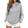 thumbnail image 2 of Zip Up Hoodie for Women Long Sleeve Drawstring Oversized Sweatshirt Jacket Side White Stripe Sweatshirts Light Gray L, 2 of 8