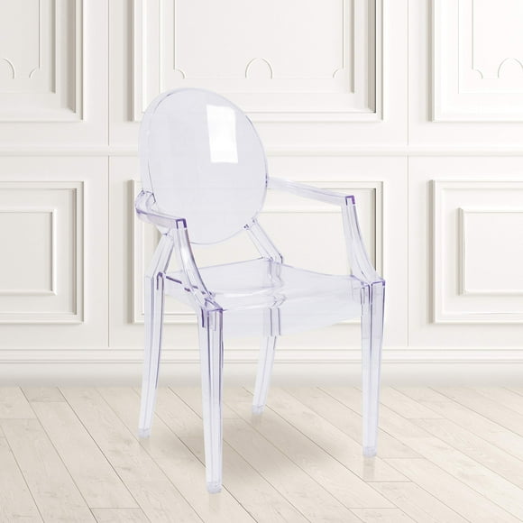 EMMA + OLIVER 4 Pack Oval Back Ghost Chair - Arms in Transparent Crystal - Stackable Side Chair