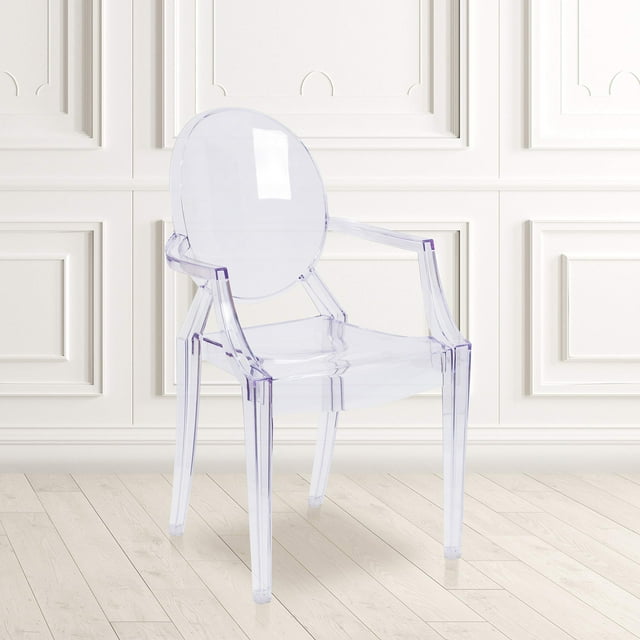 EMMA + OLIVER 4 Pack Oval Back Ghost Chair - Arms in Transparent Crystal - Stackable Side Chair