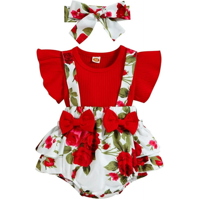 LAICAIW Infant Girl Short Sleeve Cartoon Floral Prints Ruffle Summer Newborn Rompers Jumpsuits Clothes Boy 2t (Red-A, 12-18 Months)