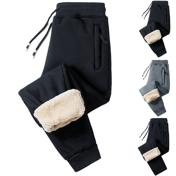 Fshiont Winter Warm Pants for Men Sherpa Lined Fleece Sweatpants Heavyweight Thermal Joggers with Zip Pockets Black M
