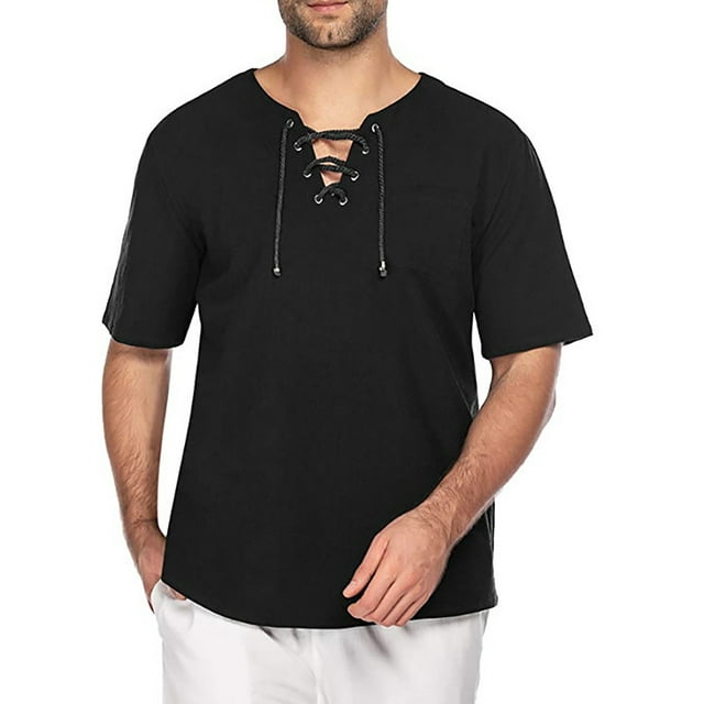 Camisa de playa holgada de cuello en V y manga corta con cordón para hombre - Tejido de lino, estilo retro informal, yoga/deporte