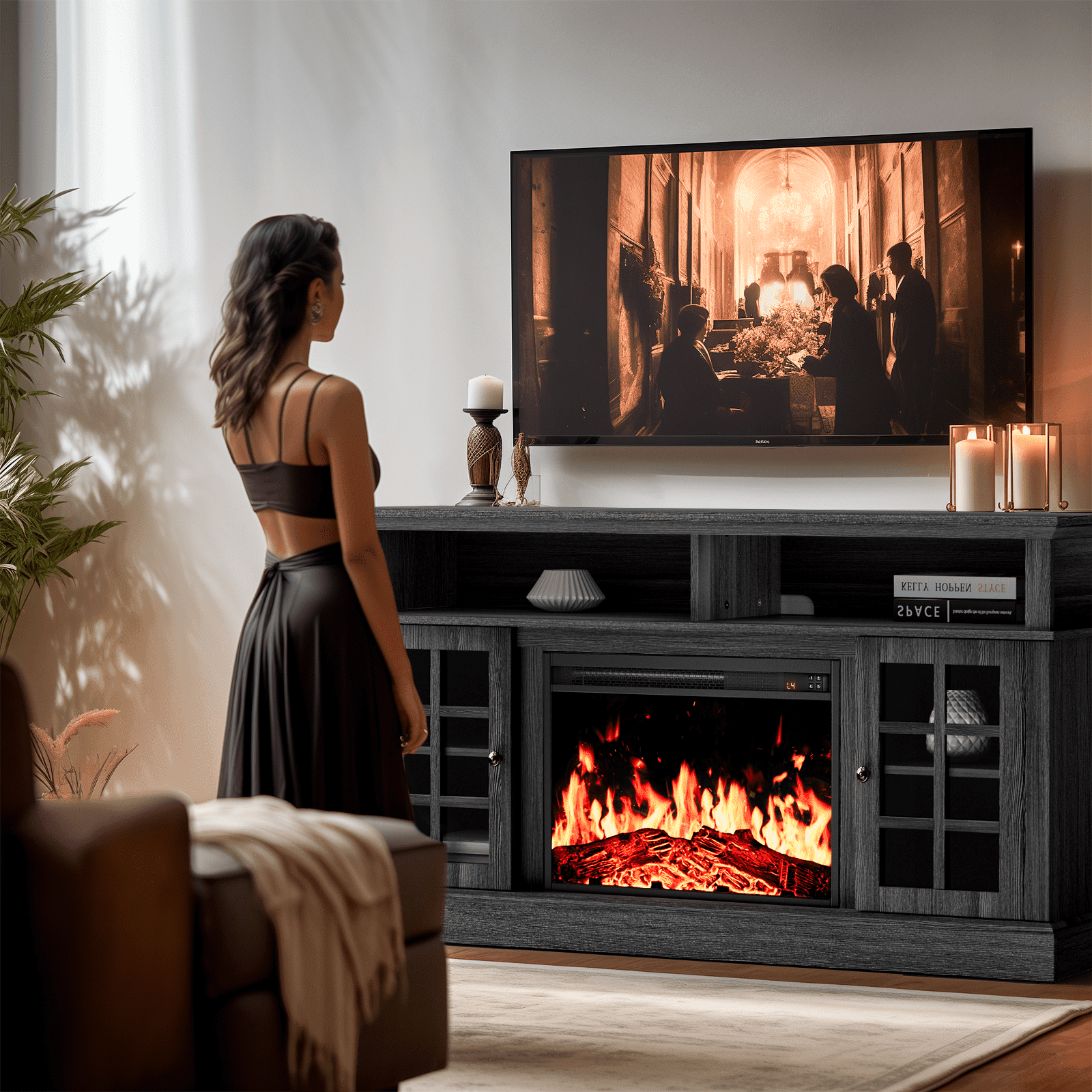 Electric Fireplace TV Stand for 75″ TVs Fireplace Entertainment Center TV Console Table with 23″ Fireplace, Holds up to 200 lbs