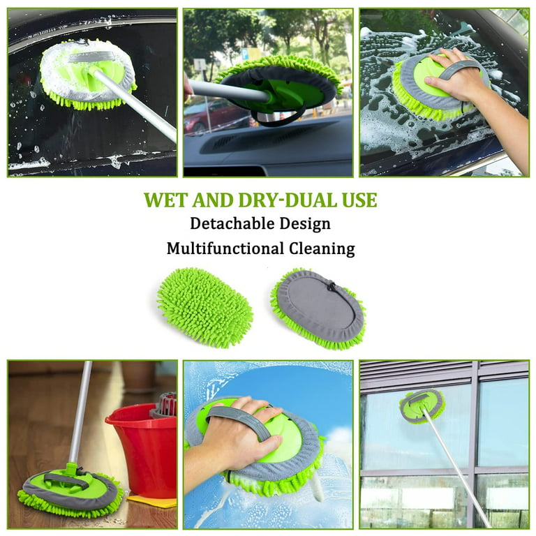  62 Car Wash Brush with Long Handle and Car Wash Brush  Microfiber Car Cleaning Brush Kit for Car RV Truck Cleaning 1 Chenille  Scratch-Free Replacement Head with Aluminum Alloy Pole (Green) 