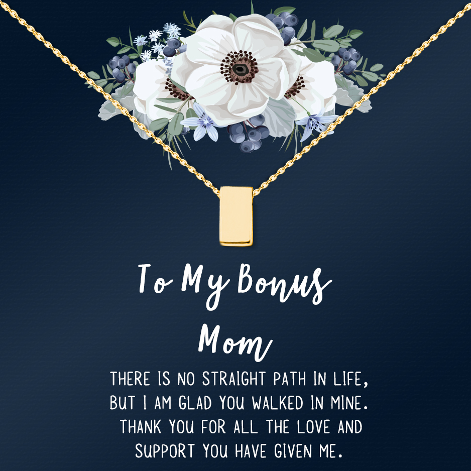 To My Bonus Mom Mother's Day Necklace, Bonus Mom Cube Necklace, Mother's Day Gift for Step Mom, Necklace and Card Gift for Step Mom [Gold, No-Personalized Card]