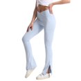 thumbnail image 1 of Pantalones de yoga con abertura lateral, cintura en V, control de barriga, pantalones de baile elásticos de color puro para mujer, azul claro M, 1 of 5