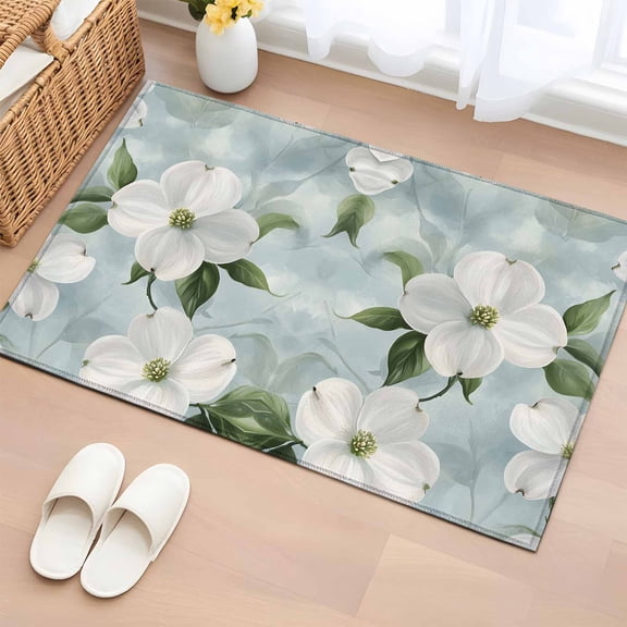 2x3 Ft Entryway Area Rug, White Floral Kitchen Rug Runner Washable Floor Mat, Cottagecore Blooms Flower Spring Botanical Non Slip Indoor Door Mat Throw Carpet for Bathroom Living Room Bedroom