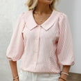 thumbnail image 5 of Lenpel Women's Button down Shirts Striped V Neck Collared Pleated 3/4 Length Lantern Sleeve Tops Summer Spring Outfits, 5 of 7