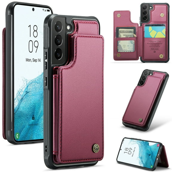 Feishell for Samsung Galaxy S22 Case with Card Holder, Wallet Case for Women Men with RFID Blocking, Durable PU Leather Kickstand Magnetic Clasp Shockproof Phone Case,Winered