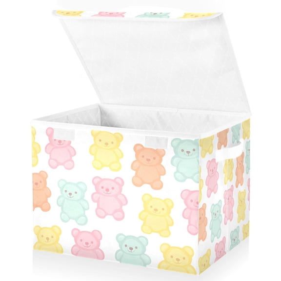 Yayeee Collapsible Cube Storage Bin with Lid Fabric Closet Decorative Basket with Handles, Cute Gummy Bears Pattern