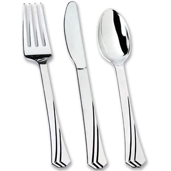 Tiger Chef Heavyweight Polished Silver Plastic Cutlery - 96 Forks, 96 Spoons, 96 Knives - Looks Like Silver Cutlery Combo Box (288, Polished Silver)