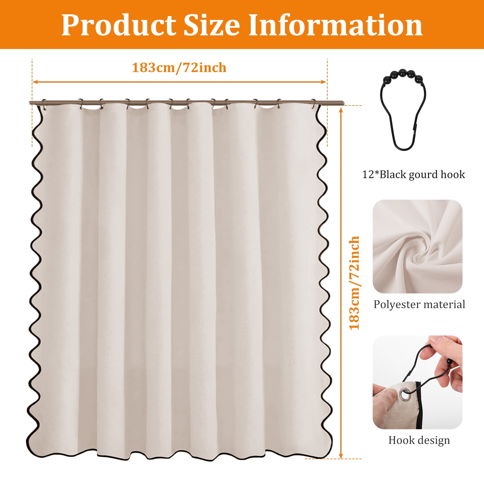 Dznils Black Scalloped Boho Shower Curtain with Hooks, Water-Repellent Thick Linen Fabric Bathroom Curtain, Beige, 72" x 72"