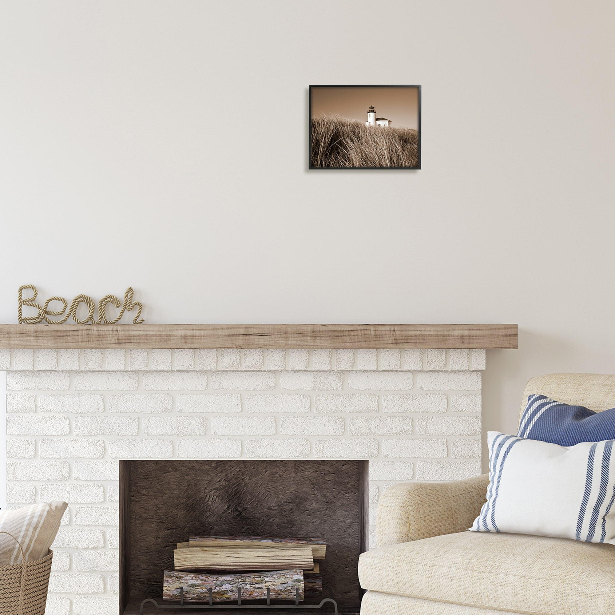 Stupell Industries Seaside Lighthouse Beach Grasses Photography Coastal Photography Black Framed Art Print Wall Art