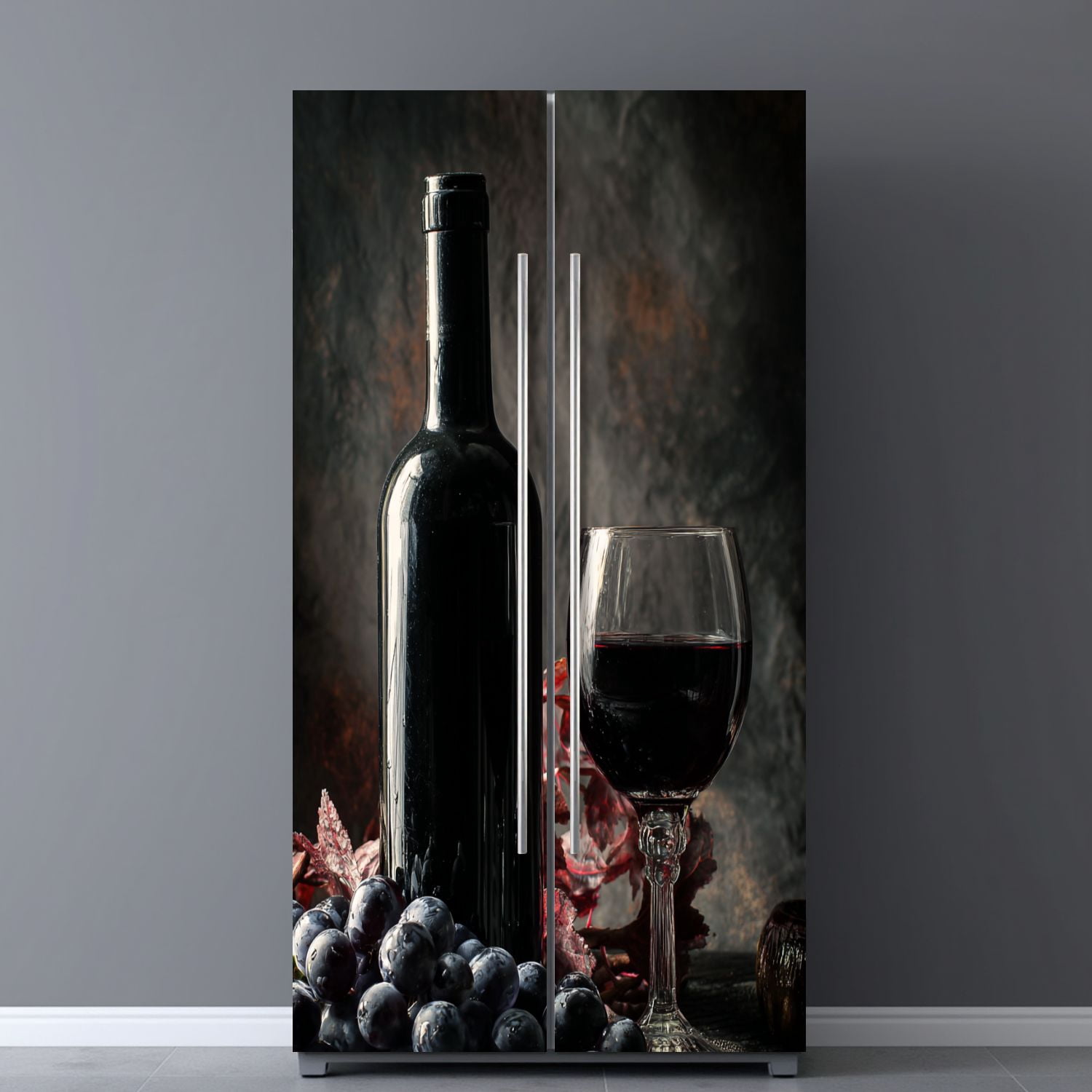 Self Adhesive Vinyl Refrigerator Wrap Set Bottle red wine glass grapes Door Mural Removable Fridge Sticker Peel and Stick&nbsp;Full Door Cover Decal Kitchen Bar Decor
