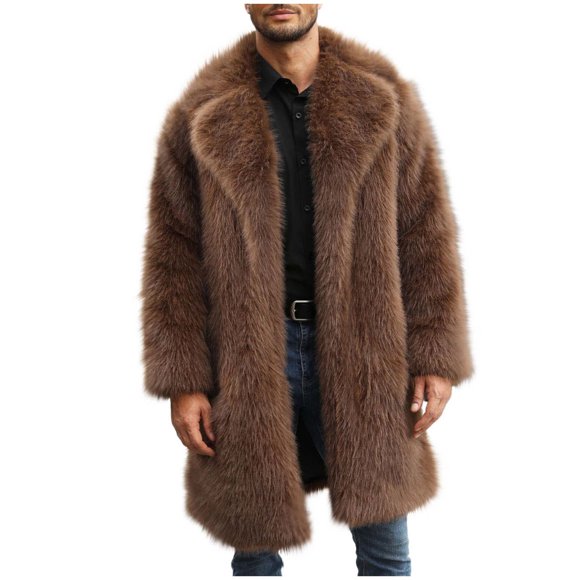 Lovzfmll Men's Faux Fur Coat for Men Plush Pile Lining Notched Lapel Brown, M