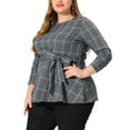 thumbnail image 4 of MODA NOVA Juniors Plus Size Work Formal Long Sleeve Houndstooth Tie Waist Blouse Gray 4X, 4 of 6