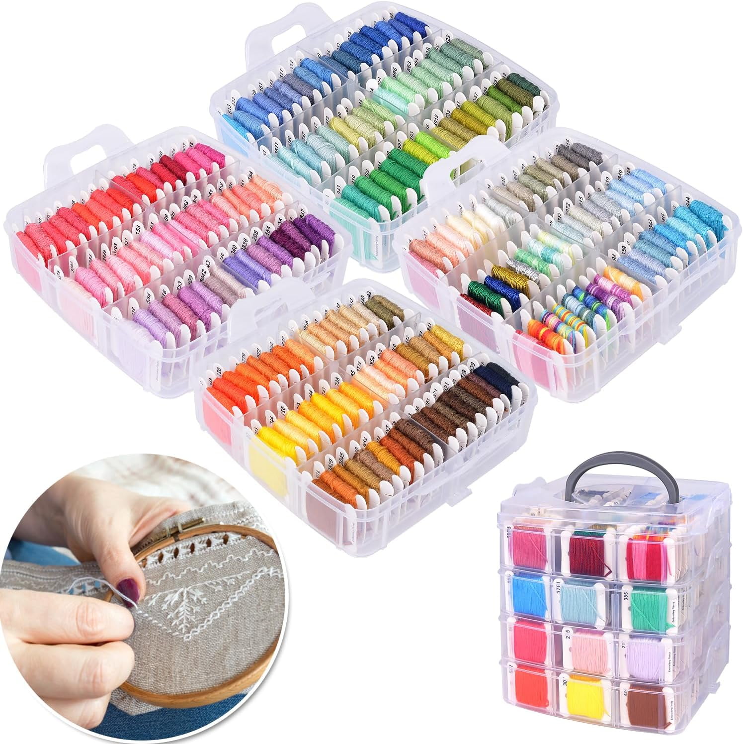 Embroidery Floss Thread Kit Including Colors and Skeins White & Black Embroidery Thread Cross Stitch Sewing Thread with Cross Stitch Tool and Transparent Box
