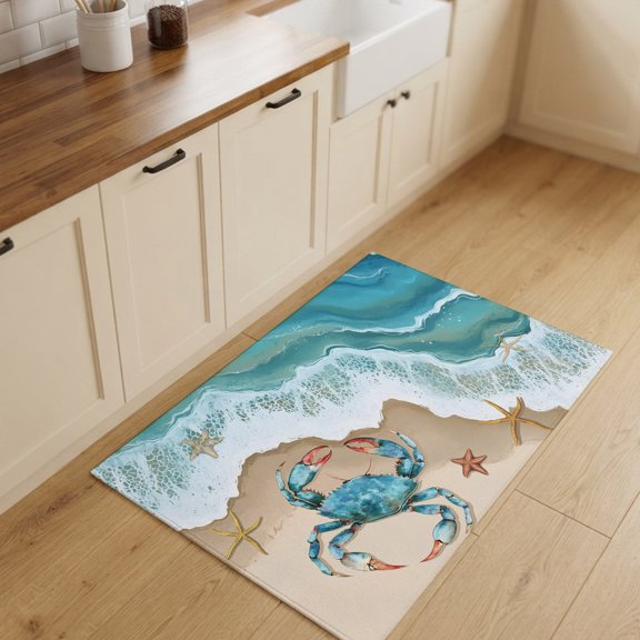 2x3ft Rectangle Rug,Summer Beach Crab Starfish Washable Area Rugs Non-Slip Accent Rug Blue Ocean Gradient Water Ripple Soft Circle Carpet for Living Room Bedroom Home Office Decor