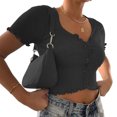 thumbnail image 3 of Caitzr Women Casual Skinny Crop Top Solid Color Ribbed Cloth Short Sleeve Round Collar T-shirt, 3 of 8