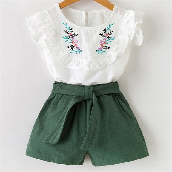 Hwmodou Toddler Girl Clothes Sets Toddler Kid Girl Summer Floral Ruffle Embroidery T-Shirt Tops Shorts 2Pcs Outfits Set Outerwear Sets