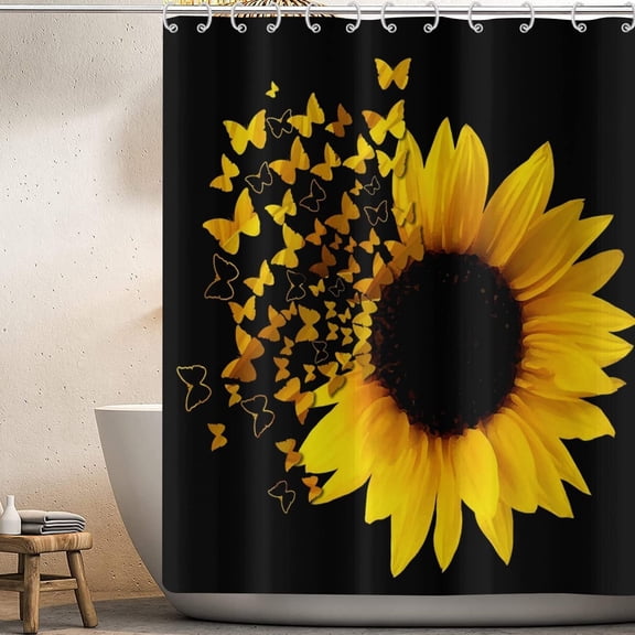Sunflower Shower Curtain, Black and Yellow Sunflower Butterfly Bathroom Curtains Rustic Shower Curtains for Bathtub Decor Machine Washable Waterproof Fabric with 12 Plastic Hooks