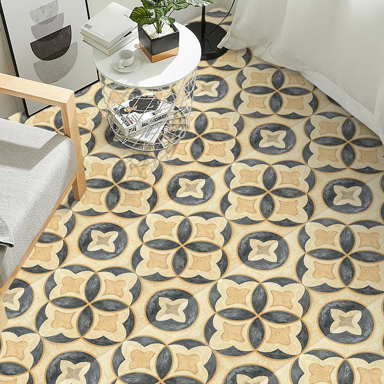 DEWOO 10PCS 12" x 12" Peel and Stick Floor Tiles, Vintage Floral Removable Self Adhesive Vinyl Flooring Stickers, Renter Friendly DIY Tile for Kitchen Entryway Bathroom Living Room