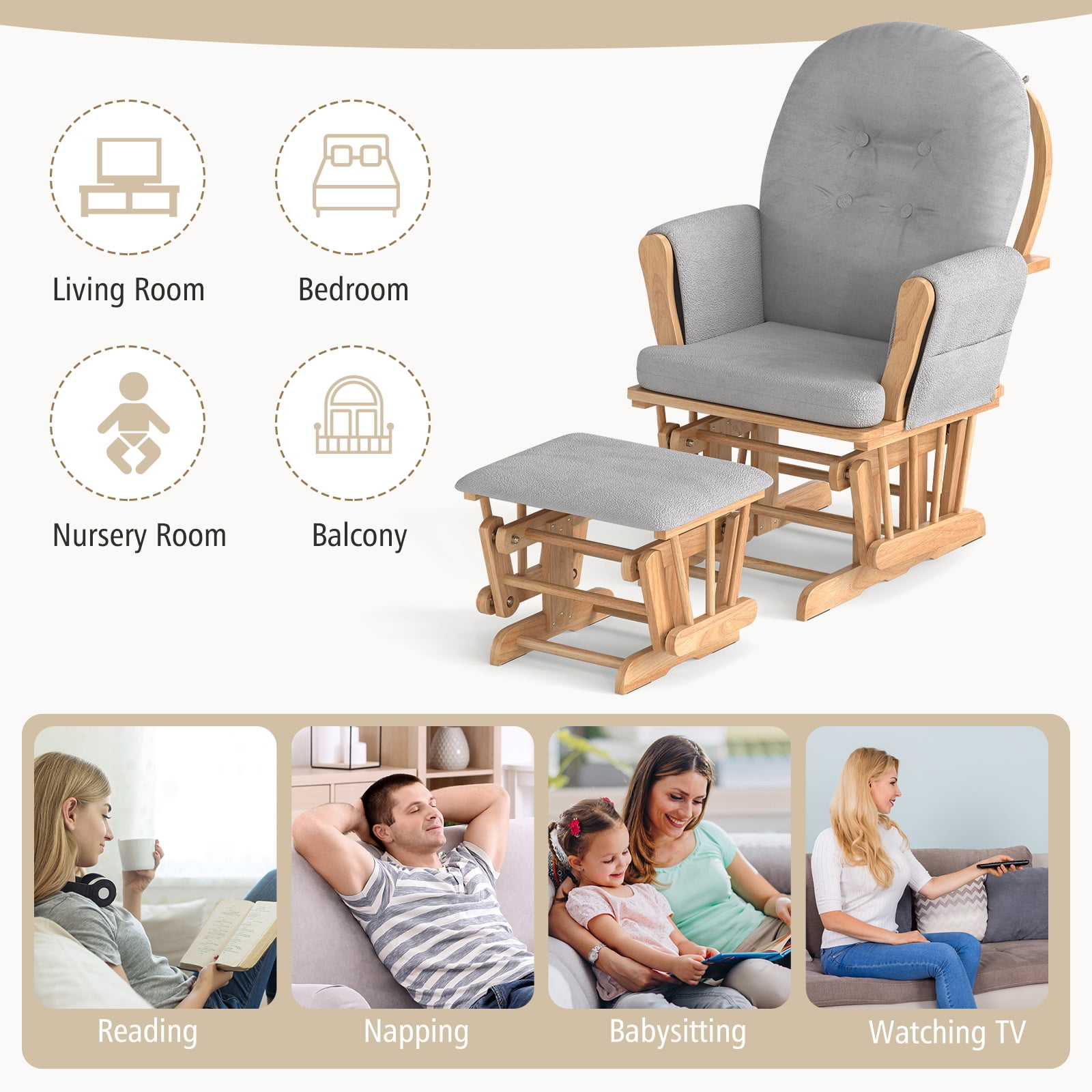 Gymax Glider & Ottoman Cushion Set Wood Baby Nursery Rocking Chair Glider Gray