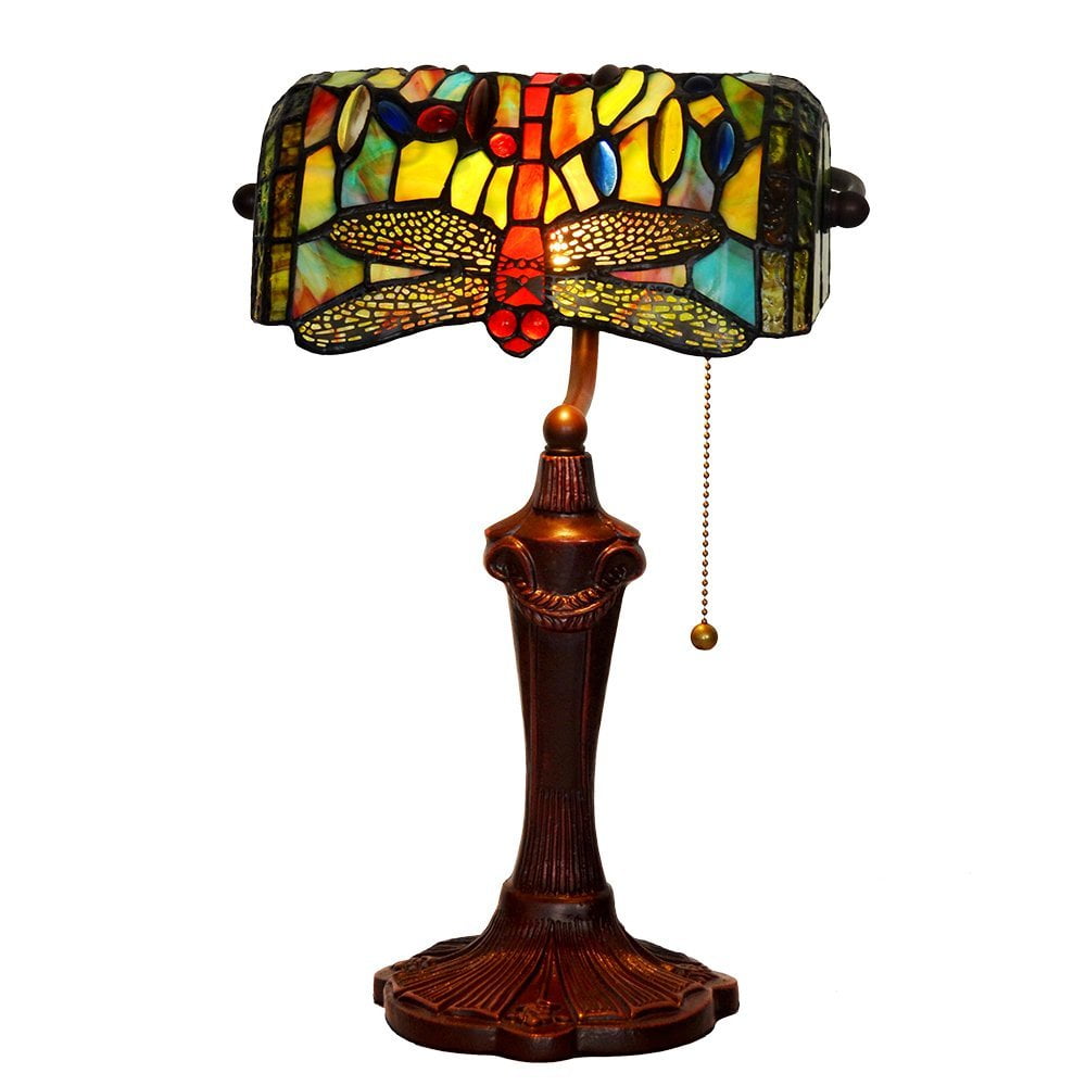 Bieye L10058 10 Inches Dragonfly Tiffany Style Stained Glass Banker Table Lamp With Zinc Base