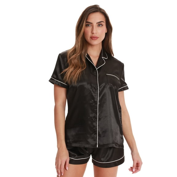 Just Love Solid Satin Pajama Short Set for Women Sleepwear PJs (Black / Ivory, Small)