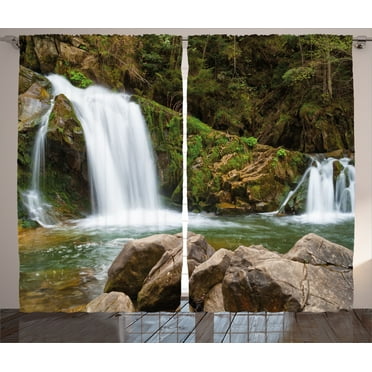 Ambesonne Nature Curtains 2 Panel Set, Waterfalls in Mountains, 108" x 90", Green Brown