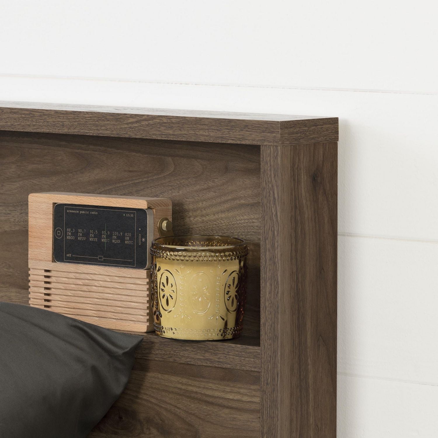 South Shore Holland Full/Queen Headboard with Storage Shelf, in Natural Walnut