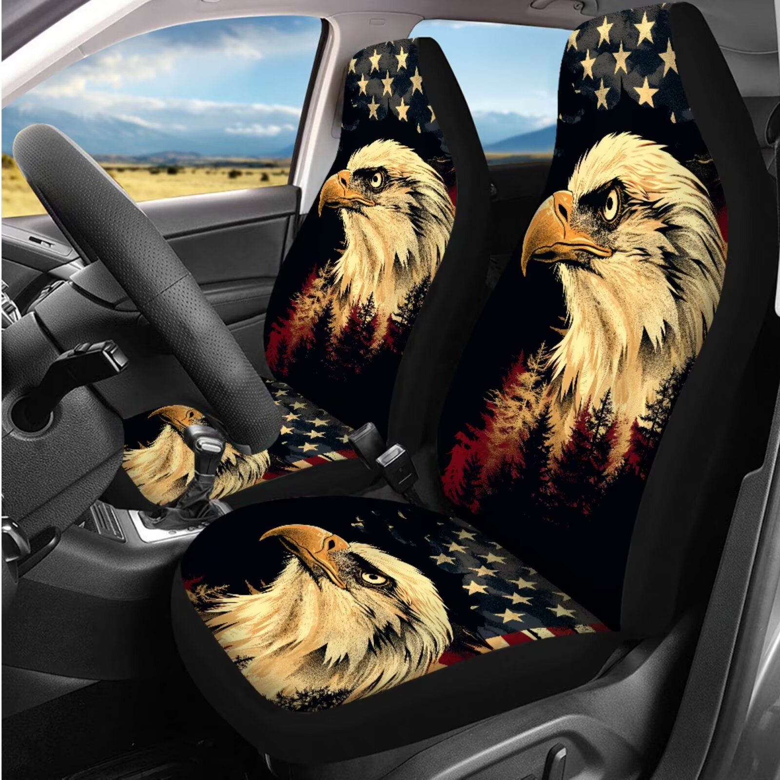 Garronmavis American Eagle Flag Car Seat Covers Full Set 14 Pack Car Headrest Protector Steering Wheel Cover Armrest Cover Seat Belt Covers Key Ring and Cup Coaster Fit for Most Cars, SUV