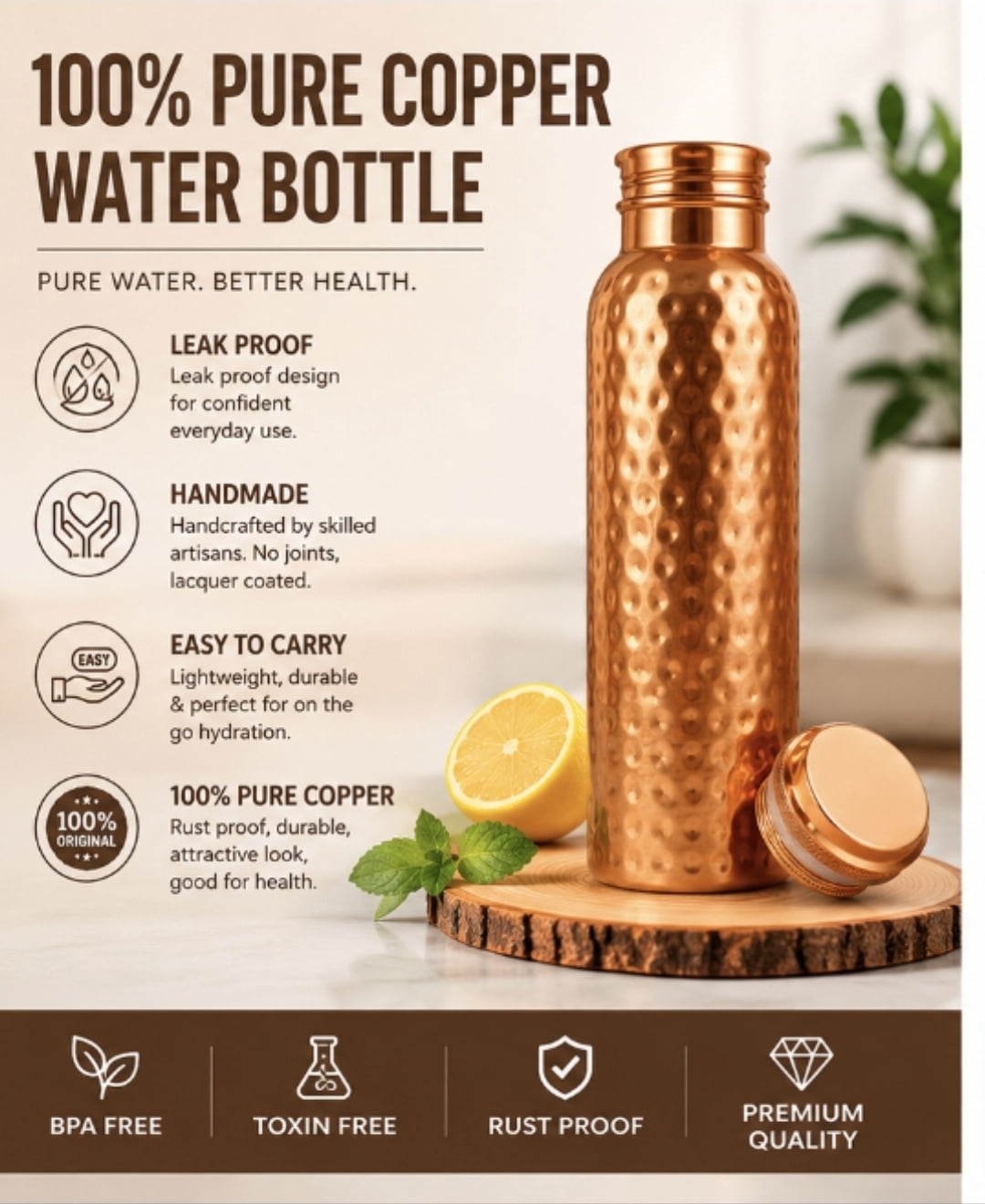 WellSip Copper Bottel | 100% Pure Copper Diamond cut Water Bottle 1000 ML